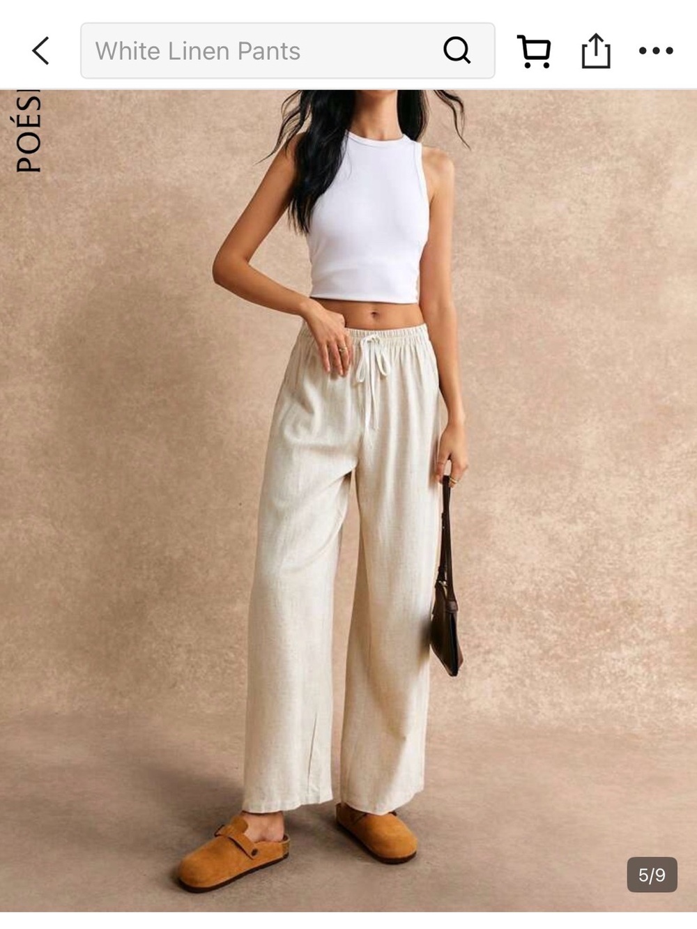 SHEIN Beige Drawstring Wide-Leg Linen-Blend Pants